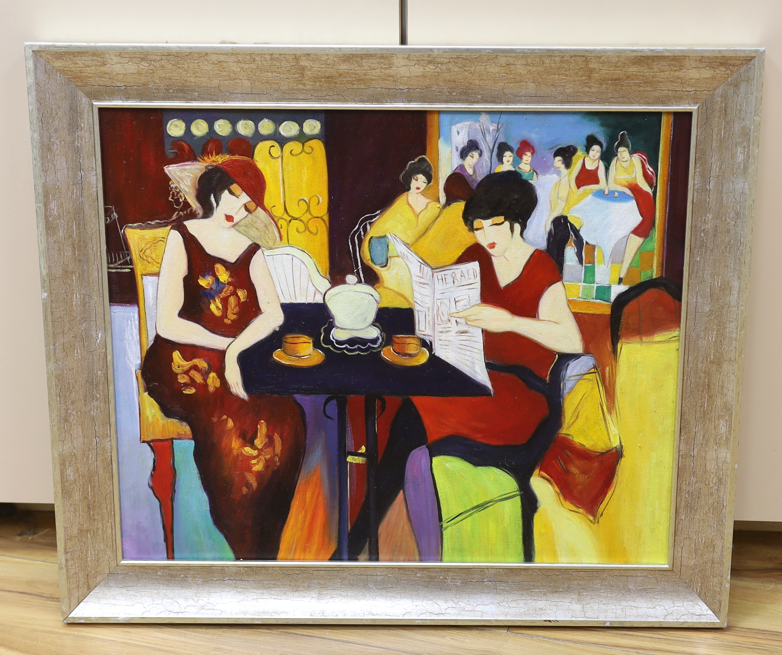 Manner of Tarkay Itzchak (Israeli, 1935-2012), oil on board, Café scene with seated females, 45 x 55cm